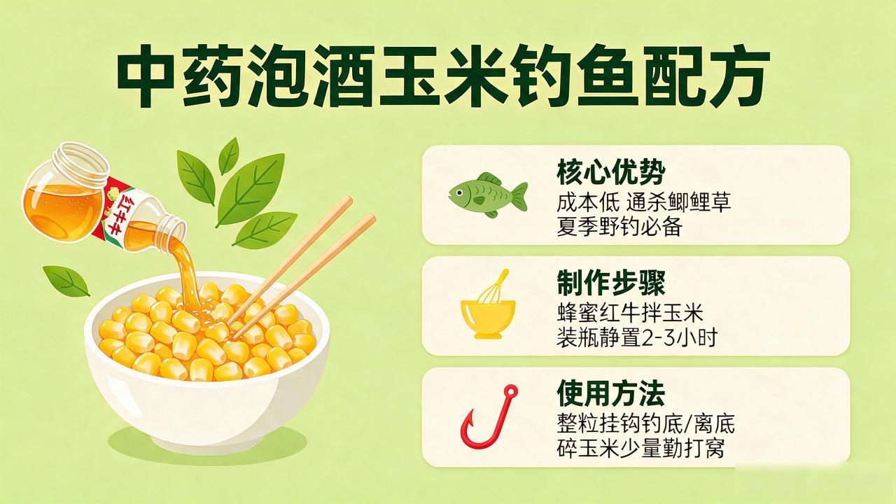 中药泡酒玉米钓鱼配方,成本低通杀鲫鲤草,夏季野钓必备